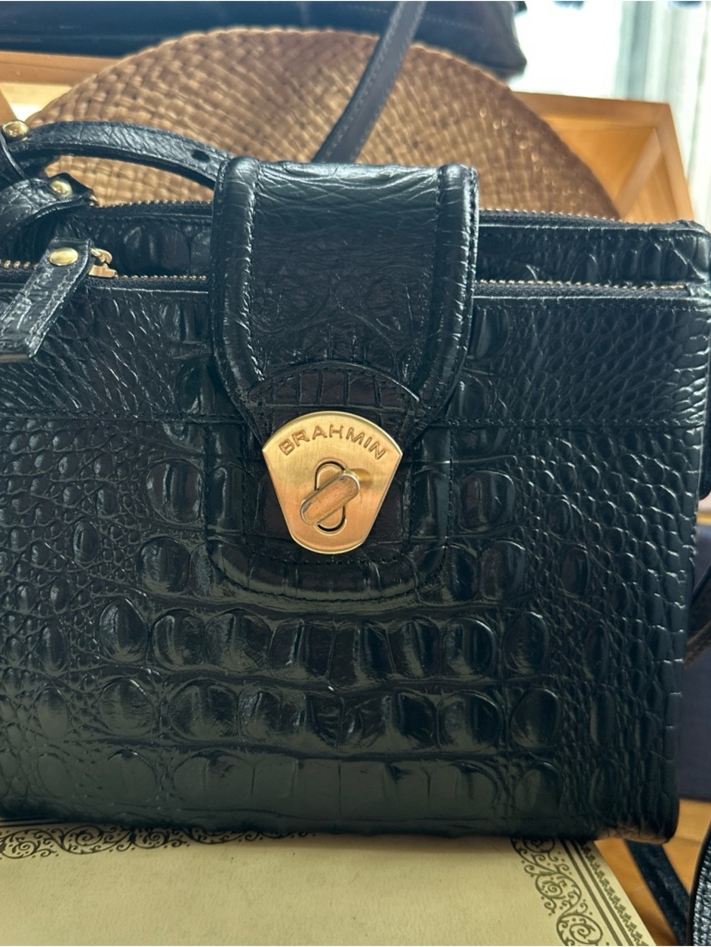 Brahmin Melbourne Black Mojito Croc-Embossed Leather Cross with Gold Hardware